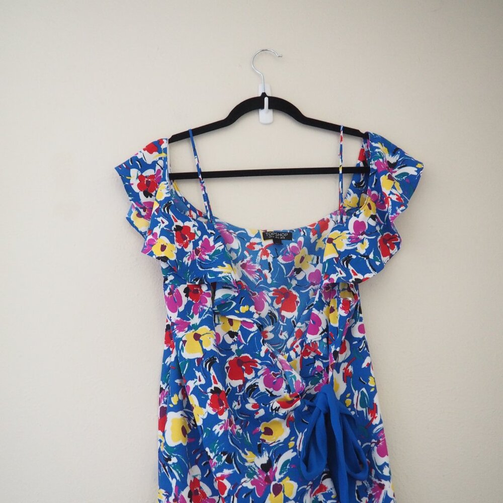 !! Topshop Blue Floral Strappy Wrap Mini Dress sz US 12 - Picture 4 of 6
